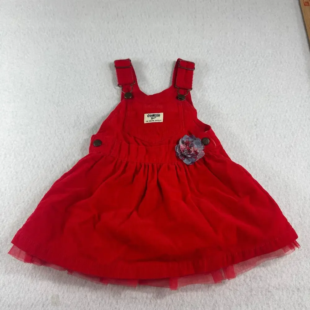 OshKosh B'Gosh 18M Corduroy Dress Red Ruffles Flower Rew White Blue